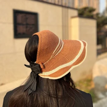 Шапка дамски лято корейски вълнообразни лейси вязаная шапка с голяма периферия сгъваема плажна шапка celebrity wind с празни езда солнцезащитная шапка
