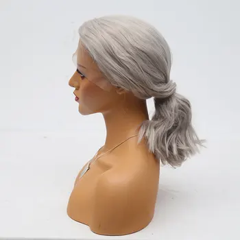 Синтетични перука дантела отпред косата Platinum Сребристо-Сив Къс Свободна вълна Термостойкое влакна от Естествен косата е със странично пробором За Жени