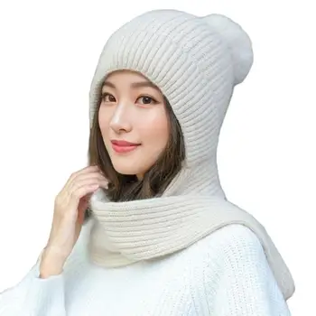 Жена зимен аксесоар, Уютна зимна шапка с вязаным шал, Ветрозащитная защита на врата, Стилни дамски градинска шапчица с плюшено топка
