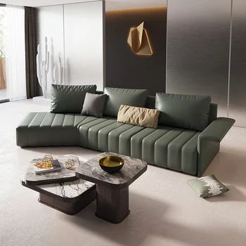 Изчистен зелен диван извити l-образна форма, мебели за дневна, мека мебел, модерен италиански луксозен кожен диван