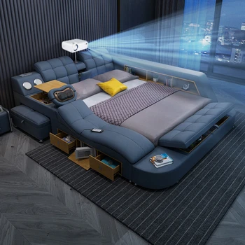 Технологичная легло от естествена кожа, многофункционални легла, масажни камы с подсветка, Bluetooth, микрофон, проектор