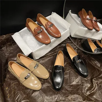 Дамски Тънки обувки Lefu от естествена кожа с метален обков на нисък и дебел ток в мързеливи кецове и един облечен обувки за жени