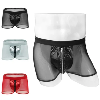Мъжко Сексуално Забавно бельо от изкуствена кожа + прозрачни найлонови мрежести Боксерки с цип, Подплатени панталони с плоски краища, Прозрачни къси панталони от коприна лед