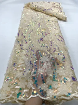 2023 най-новата Луксозна висококачествена елегантна златна апликация с 3D пайети, африканска бродерии, тюл, дантела, материал за сватбена рокля