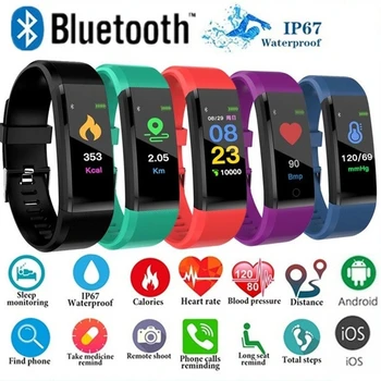 Смарт часовници 115Plus Водоустойчив Bluetooth гривна за проследяване на сърдечната честота, фитнес тракер, спортен смарт гривна, умни часовници за Android и IOS
