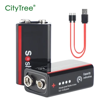 Акумулаторна батерия USB 9V Li-ion 6F22 с нисък саморазряд с 4 светодиода 500 ма с зарядно кабел - 2 бр. (опаковка по 1 парче)