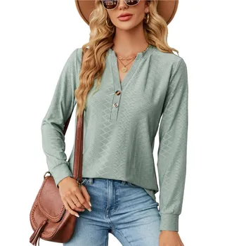 2023 Новият есенно-зимния удобен обикновен всекидневен пуловер, Елегантен жаккардовый отгоре с V-образно деколте и копчета, тениска със свободен ръкав, топ за жени