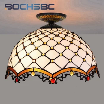 BOCHSBC в стил Тифани, оцветени от бели мъниста, 16-инчов полилей, тавана лампа за трапезария, спални, антре, led декор