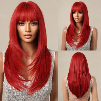 Дълги червени Директни Многослойни Перуки с бретон Светло-червени Синтетични косми, за жени, за Ежедневна употреба, Cosplay, на парти, Естествено термостойкое влакна