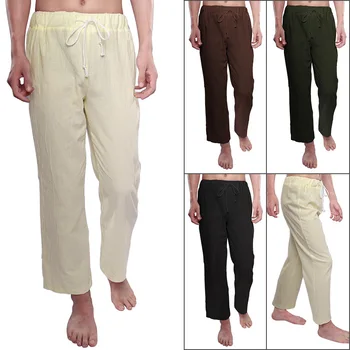 Мъжки Модни Класически Свободни панталони от памук и лен, Ежедневни Леки Офис панталони с еластичен ластик на талията, Летни Плажни Дълги панталони