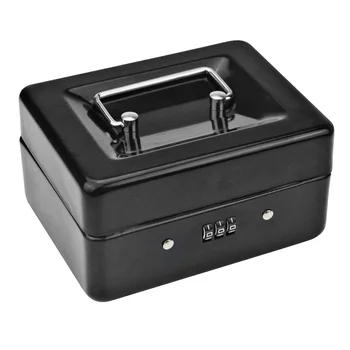 Здрава метална кутия за монети с запирающимся чекмедже за съхранение - Малка кутия за монети с кодово заключване на 15 x 12 x 7,7 cm (черен)