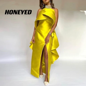 Медово-Жълти Арабски Дамски официални рокли, Сатенени рокли за бала на бретелях, Женствена рокля за парти в Дубай с Драпировкой Отпред и цепка 2023