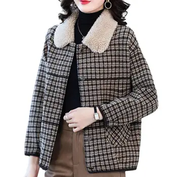 Жена ежедневното палто-жилетка, Дамско палто, плюшевое винтажное палто в клетката, Дамски топло однобортная яке с ревера на есен