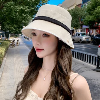 2023, Пролет-есен нова шапка в корейски стил, дамски висококачествена шапка-панама с перлата на декорация, Лятна солнцезащитная маска за лице, Малка