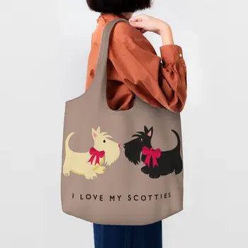 Обичам си скучна чанта Scotties, женски холщовую чанта-тоут на рамото, здрава чанта за кучета от породата шотландски териер, чанти за пазаруване, чанта за подарък