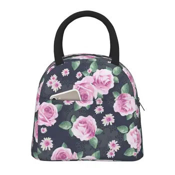Чанта за обяд с шарките на розова роза, изолирани многофункционални чанти-тоут за обяд, Множество термосумка-хладилник