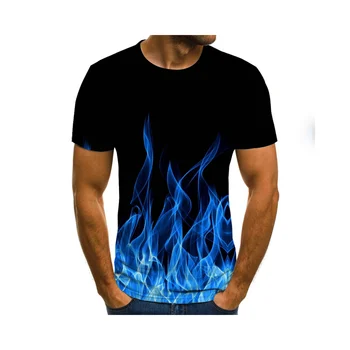 Лятна Мъжка Нова тениска с 3D принтом Пламък, Модерен O-образна яка, къс ръкав, Елементи дим, Всекидневни Свободен уличен топ размера на Плюс