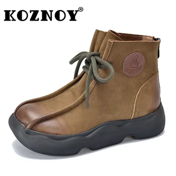 Koznoy/ Дамски обувки от волска кожа, велур 4 см, Трендови Етнически Маратонки на масивна ток до средата на прасците, Летни Мокасини