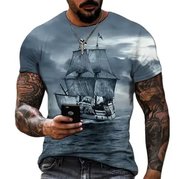Реколта мъжки тениски с 3D принтом на Пиратски кораб, Тениска с кръгло деколте и къс ръкав За Мъже, Извънгабаритни Мъжки Блузи, тениски Homme Camiseta