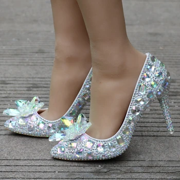 Кристални Кристални Обувки на Пепеляшка с паричен заострением На високи токчета, украсени с пайети, обувки за сватба шаферките