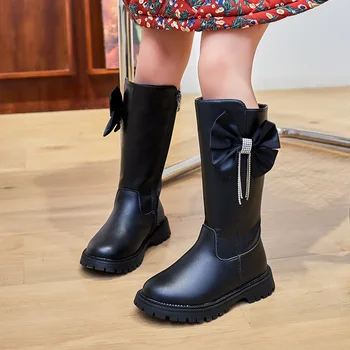 Ботуши до коляното за момичета; колекция 2023 г.; Есенна мода; Кожа обувки на Принцесата с пискюли и лък; Детски нескользящие тънки обувки от изкуствена кожа;