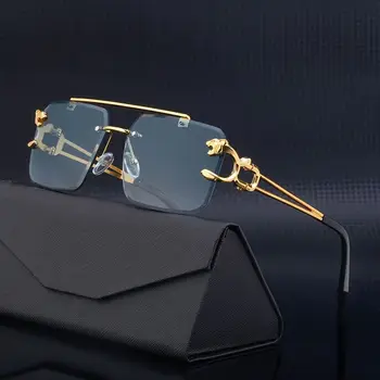 UV400 Очила без рамки Метални нюанси на Слънчеви очила в стил Steampunk, украса под формата на Леопард, слънчеви очила без рамки