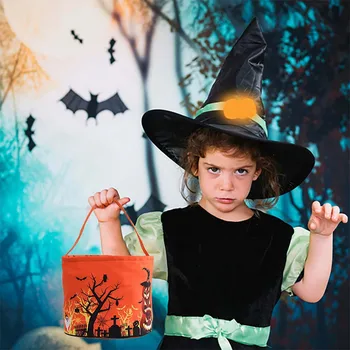 Кошница от плат за шоколадови бонбони на Хелоуин, Светещ чанта от Тиква, детска преносим чанта за бонбони, Празник за ръчно кофа, декоративен подпори