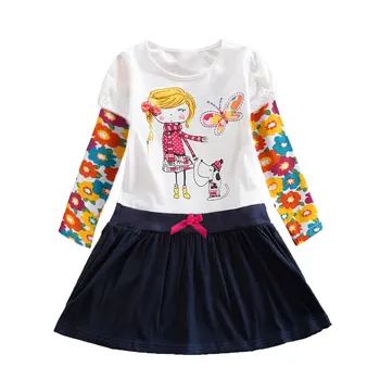 Есенни рокли за момичета, Детски рокля с дълъг ръкав и една пеперуда, Бебешка рокля с цветен аппликацией, Ежедневни памучен дрехи за момичета