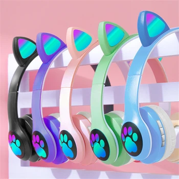 Безжични слушалки Bluetooth 5.0, Скъпа превръзка на главата с кошачьими уши, RGB осветление, каска, Слушалка, детски слушалки за момичета с микрофон за телефон и КОМПЮТЪР