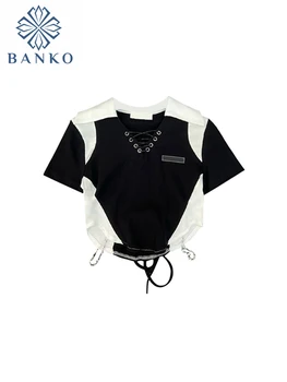 Луксозен съкратен най-поло, на тениска с къс ръкав, тънка модни дамски блуза с V-образно деколте, 2023, Нов дизайн, черно-бяла на цвят, мозайка