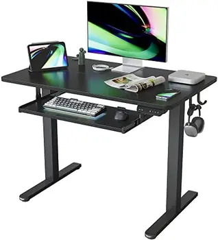 Голям Регулируема по височина бюро с поставка за клавиатура, 55 x 24 инча, маса за сядане с дъска за снаждане, бяла рамка/осветление