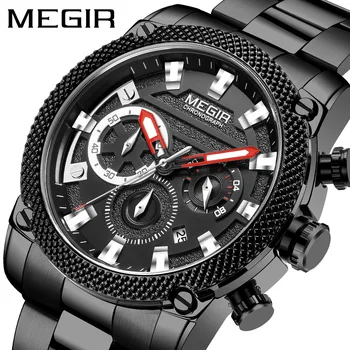 MEGIR Модната марка, кварцов часовник с хронограф, Мъжки спортни водоустойчивост светлинен часовник е от неръждаема стомана, Relogio Masculino