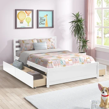 Пълен размер легло на дървена платформа с таблата и четири чекмеджета ， Модерно легло проста легло за младежка спалня за възрастни
