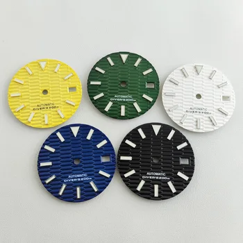 28,5 мм Циферблат NH35, циферблат от листа от бамбук, S-образни циферблат, зелен светлинен промяна циферблат за часовници с механизъм NH35 NH36