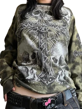 Жена Пуловер Grung с дълъг ръкав, Hoody, Ретро-графична Естетика, Отгоре с кръгло деколте, Блуза Hurukuju, Градинска облекло