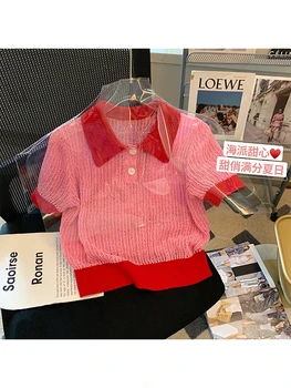 Дамски модни шарени плетени Поло блузи с яка-часова, реколта тениски с къс ръкав и ревера, Дамски шик дамски тениски в стил Харадзюку, нов дизайн