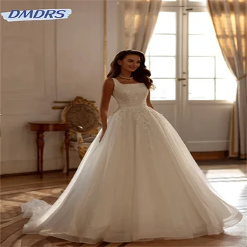 Романтично Дантелено Сватбена рокля с квадратна деколте и апликации, Елегантен ръкав-риза с дължина до пода, Сватбена рокля, Елегантна Vestidos De Новия
