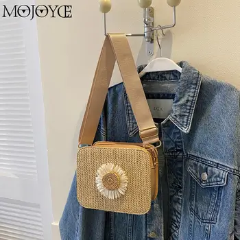 Однотонная чанта на едно рамо, плетени от слама Квадратна чанта за пазаруване, Регулируеми презрамки, с цип, от изкуствена кожа за улицата