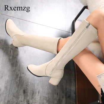Rxemzg, ботуши до коляното, дамски сандали на дебел висок ток с кръгло бомбе, есен-зима, големи размери, квадратен ток, лаконичен дълги ботуши от Флока с цип