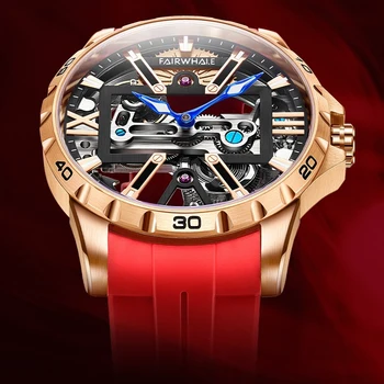 Мъжки часовник FAIRWHALE, автоматични механични модерен ръчен часовник, Водоустойчив часовник с гумена каишка, мъжки часовник Skeleton montre homme
