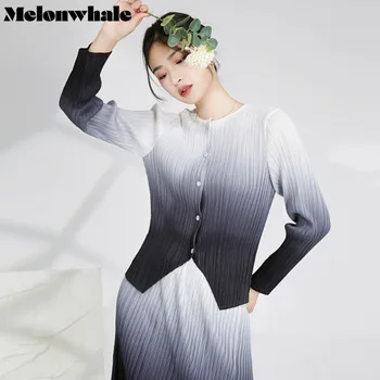 MelonWhale 2023, Лятно плиссированное палто за жените с кръгло деколте и дълъг ръкав, Однобортная Дамски Ежедневни яке наклон цвят