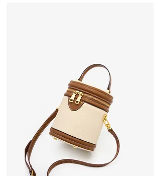 Чанта кофа от телешка кожа на горния слой на 2023, нова цилиндрична чанта, нишевая дизайнерска чанта, дамска чанта през рамо, малка чанта