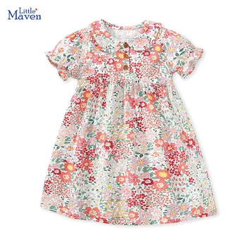 Облекло Little maven за малки момичета, лятото 2023, Памучен детски ежедневни облекла с мультяшными цветя, Детски реколта рокли