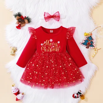 Коледна рокля с букви за новородените момичета от 0 до 4 години, Сетчатое рокля с дълги ръкави, есенна дрехи за малките момичета