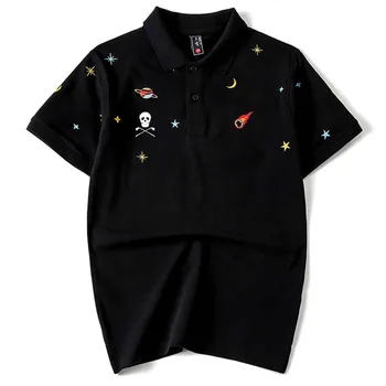 Мъжка тениска Поло с бродерия за голф в стил хип-хоп, черна лятна ежедневни облекла, мъжки уличен тънък топ от 100% памук с къс ръкав