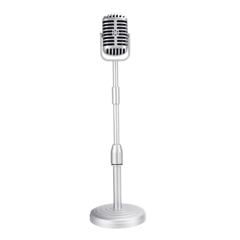 Реколта модел настолен микрофон с регулируема височина, класическа стойка за микрофон в ретро стил, подправен микрофон, сребрист