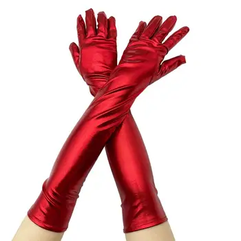 Изкуствена кожа ръкавици за жени пълен пръстите еластична дължината на лакътя нощен клуб Полюс танци cosplay изпълнение разчита ръкавици