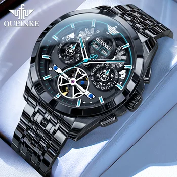 OUPINKE, черни мъжки автоматичен часовник с виртуален скелет на ремешке от неръждаема стомана, швейцарски светещи водоустойчив механични ръчни часовници, мъжки часовници
