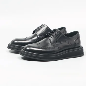 Модерни кожени мъжки обувки, Модел Лоферы дантела От естествена кожа, с кръгли пръсти за ръце Бизнес Мъжки обувки Сватбена черна Ежедневни обувки