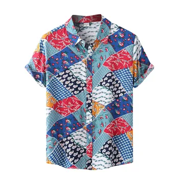Реколта етнически ризи за мъже 2023, Лятна Ежедневни Хавайска риза от памук и лен с цветен Модел, Плажна риза с къс ръкав, Риза с ревери, Блузи